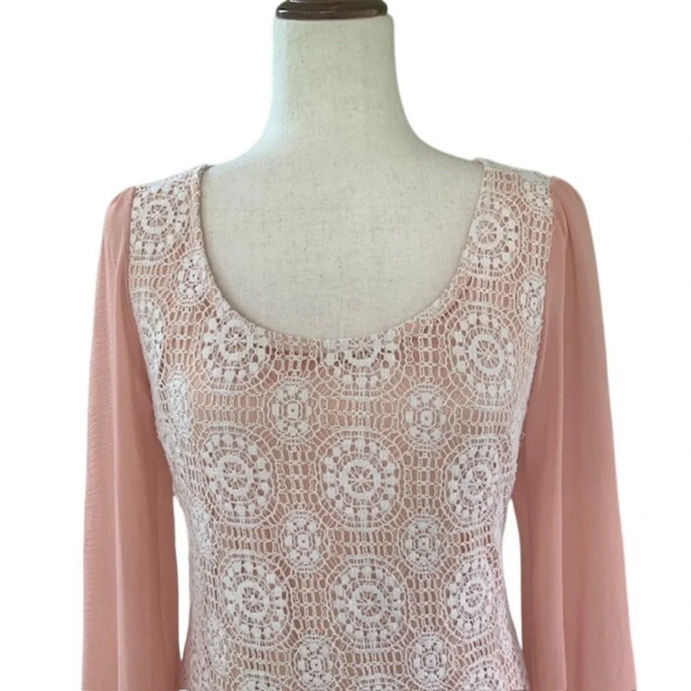 Crochet Lace Boho Mini Dress M Balloon Sleeve 70s Hippie Folk Romantic Feminine